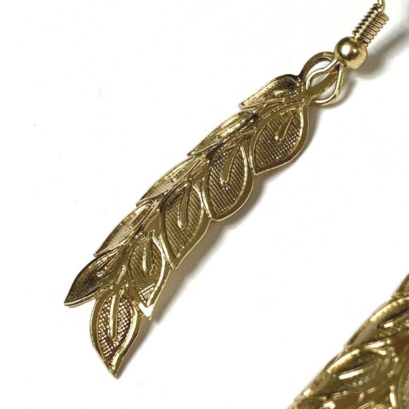 Dangle Leaf Earrings Gold Tone Detailed 3D Cutout Pattern French Wire - Picture 3 of 5